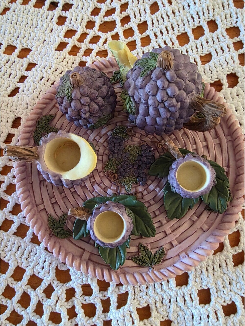 Vintage 1995 Young's Inc. Grape-Themed Ceramic Teapot and Cup Set on DecorativeW